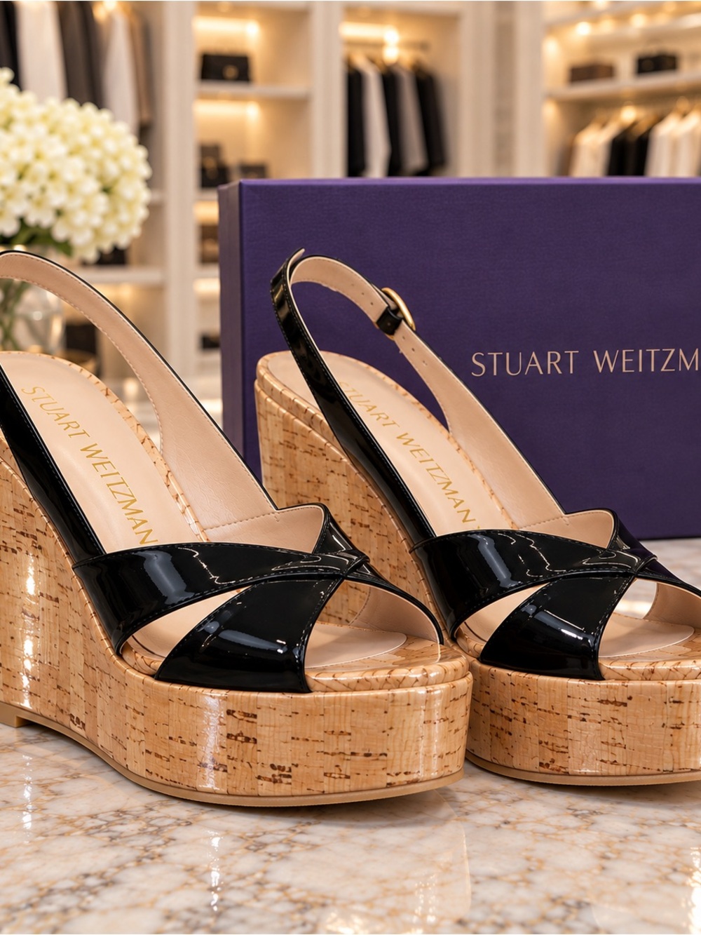 Stuart Weitzman Carmen Black Patent Cork Wedge Sandals 7.5 NWOT